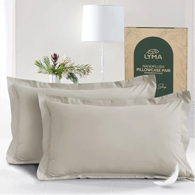 Image of LYMA Bedding Pillow Cases 2 Pack, Ultra Soft Breathable Oxford Cover, OEKO TEX Certified, Nanoplush Double Brushed Quick Dry Pillowcases, Envelope Closure Wrinkle Fade Resistant 50x75 CM, Beige