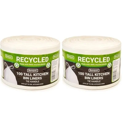 Image of Banquet Recycled 100 Tie Handle Tall Kitchen Bin Liners, White (2 Pack 200 Bags)