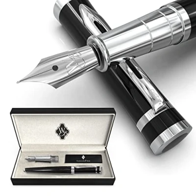Image of Wordsworth &amp; Black Fountain Pen Set, 18K Gilded Medium and Fine Nibs, 6 Ink Cartridges Refill Converter, Gift Case, Smooth Writing Pens [Black Chrome], Perfect for Men Women