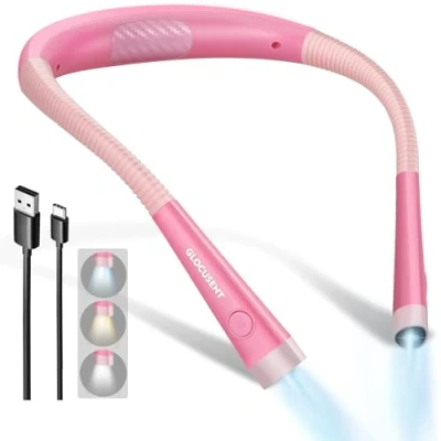 Image of Glocusent LED Neck Reading Light, Book Light for in Bed, 3 Colors, 6 Brightness Levels, Bendable Arms, Rechargeable, Long Lasting, Perfect Reading, Knitting, Camping, Repairing