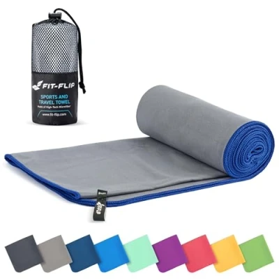Image of Fit Flip Microfibre towel compact, ultra lightweight &amp; quick dry perfect for gym, travel beach swimming towels sports, camping hiking (40x80cm gray darkblue + bag)