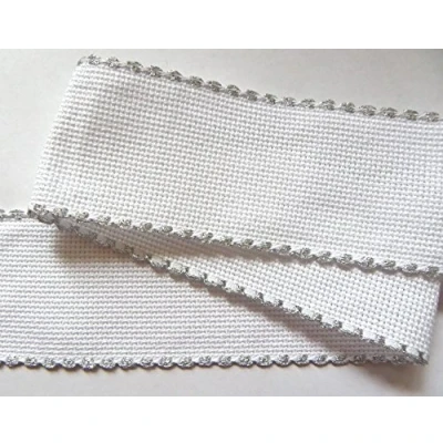 Image of Zweigart Aida Band 5cm 2 inch wide white with silver scallop edging per metre
