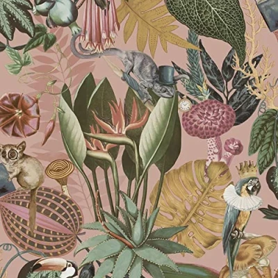 Image of Wonderland Jungle Floral Birds Exotic Blush Multicoloured Smooth Wallpaper