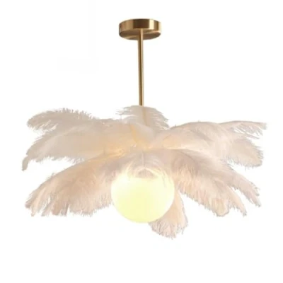 Image of GUANSHAN White Ostrich Feather Pendent Light Ceiling Lampshade Chandelier Lamp Lighting Fixture for Bedroom, Living Room