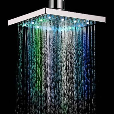Image of LED Rain Shower Head 8 Inch, Rotate Romantic Spa Multi Colour Light Fixed No Batteries Needed Changing Square Chrome