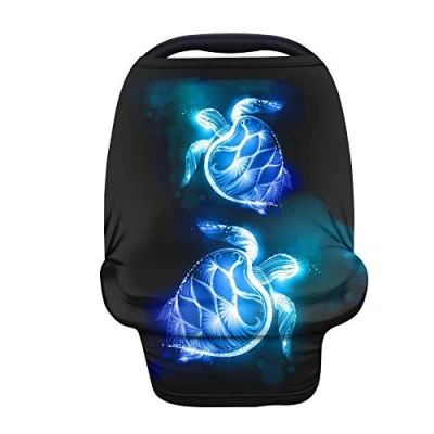 Image of Binienty Breathable Baby Carseat Canopies Stroller Cover, Blue Neon Sea Turtle Print, Breastfeeding Nursing Cover Car Seat