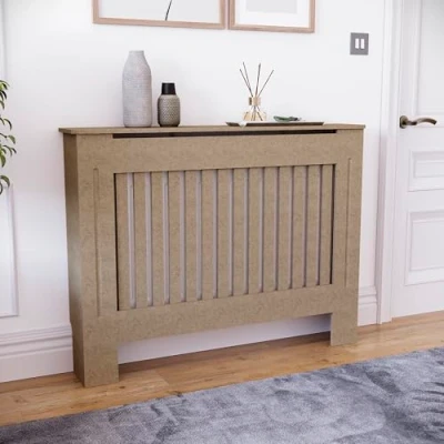 Image of Vida Designs Chelsea Medium Unfinished Radiator Cover Modern Slatted Heating Cabinet, Easy DIY Fit, Ideal for Living Room, Hallway or Bathroom