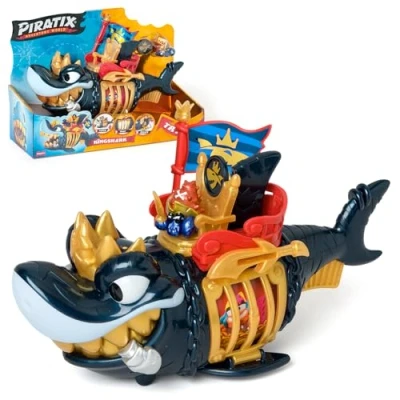 Image of Piratix King Shark Golden Teeth Articulated shark, with a cage to capture rival Piratix. Includes 1 exclusive treasure, and accessory