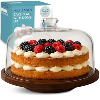 Image of HEFTMAN Rotating Cake Stand with Dome Lid 10&quot; Non Slip Acacia Wood Clear Acrylic for Cakes, Pastries, Cheese Display Birthday, Wedding, Café (Rotatable)