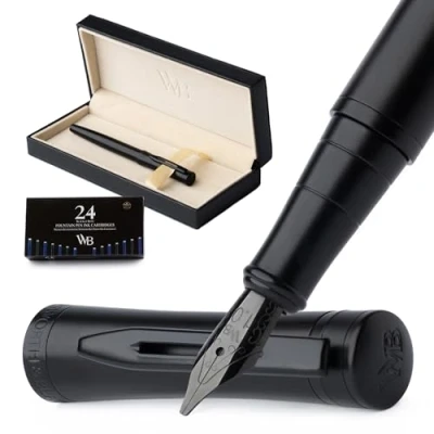 Image of Wordsworth &amp; Black Fountain Pen Set, Broad Nib, Includes 24 Pack Ink Cartridges, Refill Converter Gift Box, Calligraphy, [All Black], Perfect for Men Women