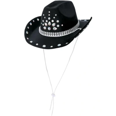 Image of Smiffys Black Rhinestone Cowboy Hat, Cowboys and Indians Fancy Dress, Western Dress Up Hats