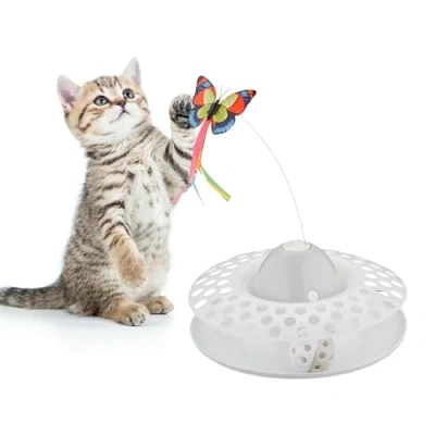 Image of Relaxdays Cat Toy, Butterfly and Ball, HxD: 33.5 x 22 cm, Interactive Roller Carousel, Spinning Play Circle 360, White