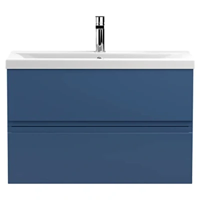 Image of Hudson Reed URB306A Urban Modern Bathroom Wall Hung Vanity Basin Unit with 2 Soft Close Drawers and Ceramic 40mm Profile Sink, 800mm, Satin Blue