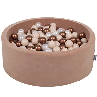 Image of KiddyMoon Soft Ball Pit Round 90X30cm/300 Balls ∅ 7Cm / 2.75In For Kids, Foam Velvet Pool Baby Playballs, Made In EU, Desert Pink:Pastel Beige/Copper/Pearl