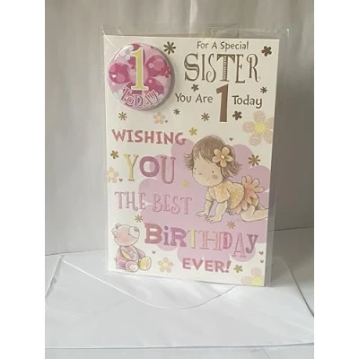 Image of For A Special Sister You Are 1 Today Birthday Card With Badge Age 1st First One Cute Girl/Teddy Glitter/Foil Detail(CC7502)