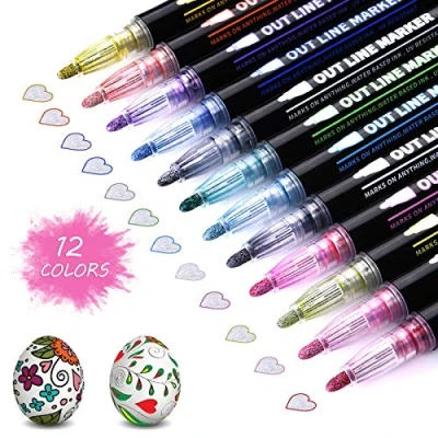 Image of Vicloon Double Line Outline Pens, 12 Colors Metallic Markers Glitter Pens Writing Drawing for Gift Card Writing, Birthday Greeting, Scrap Booking, Painting, DIY Art Crafts