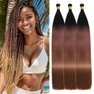Image of Locescsoc 24 Inch Straight Hair Extensions 150g 3 Packs Bone Braiding Hair, C16 Ariel Ponytail Bundles, Ombre Soft Synthetic Crochet Box Braids for Women(1B/33/30)
