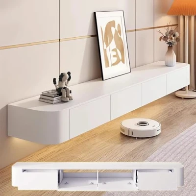 Image of Coubird Floating TV stand cabinet，wall mounted unit，TV cabinet with Doors in Media Wall Unit，Entertainment storage console for living room and office (white gloss, 300cm/118.1in)
