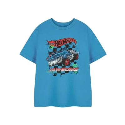 Image of Hot Wheels Jawsome Boys Blue Short Sleeved T Shirt Race Car Graphic Tee for Kids Brand Print Top Summer Clothing Apparel Cotton Children