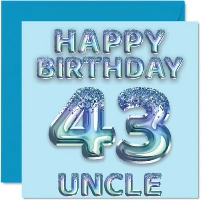 Image of 43rd Birthday Card for Uncle Blue Glitter Party Balloons Happy Cards 43 Year Old from Nephew Niece, 145mm x Bday Greeting Gift