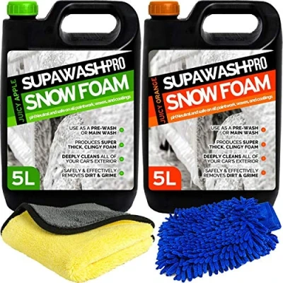Image of SUPAWASH PRO Orange 5L and Apple Snow Foam Car Shampoo 10L with 1 x Microfibre Cloth &amp; Wash Mitt pH Neutral Detailing Kit