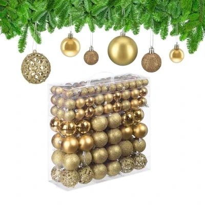 Image of Relaxdays Christmas Baubles Set of 150, Glittering, Matt &amp; Shiny Surfaces, Tree Ornaments, Plastic, ∅ 3, 4 6 cm, Gold, 150er