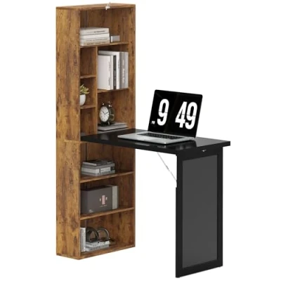 Image of HOMCOM Folding Office Desk with Blackboard, Computer Shelf, Study Table for Bedroom Home Workstation, Rustic Brown