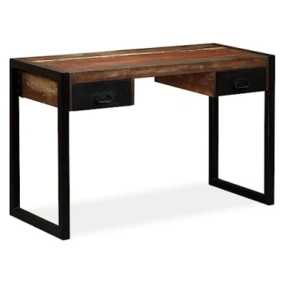 Image of vidaXL 120cm Solid Reclaimed Wood Desk with 2 Drawers Industrial Desk/Table for Office Study Steel Legs, Multicolour Wooden Worktable