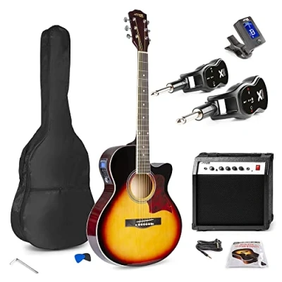 Image of MAX Showkit Wireless Electro Acoustic Guitar Kit Beginner Electric Starter with Sunburst Finish, Ideal for Beginners &amp; Enthusiasts, Includes Accessories 6 Months Lessons