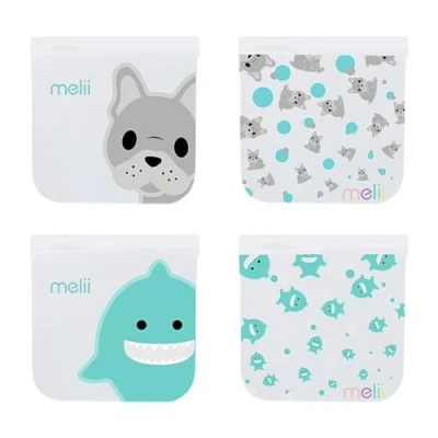 Image of melii Reusable Sandwich &amp; Snack Bags for Kids Adults, Food Storage, Organization Meal Prep Containers, Leakproof, BPA free, 4 Pack, 2 Bulldog Shark