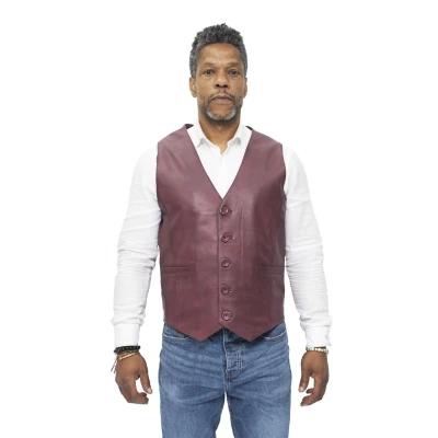 Image of Mens Burgundy Leather Waistcoat Casual Classic Formal Traditional Gilet Vest 2XL