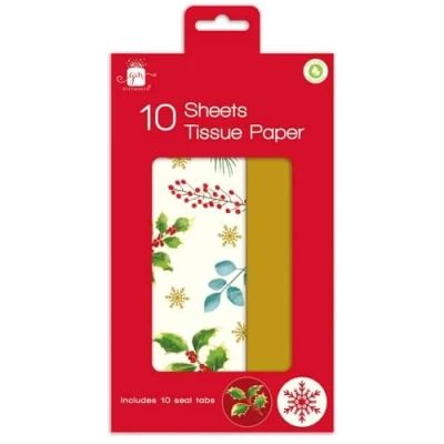 Image of 10 Sheets of Christmas Tissue Paper &amp; Seals Festive Gift Wrap Holly Leaf Red Berry Design Wrapping