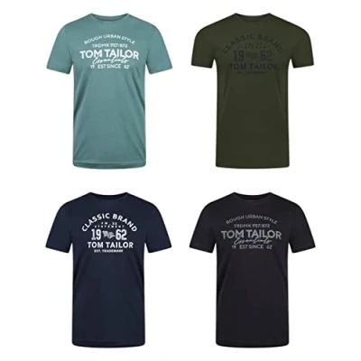 Image of TOM TAILOR Men&#039;s Cotton T Shirt, Regular Fit, Pack of 4, Crew Neck, Short Sleeve, Summer Logo Print, 100% Cotton, Black, White, Green, Red, Blue, Grey, Orange, S, M, L, XL, XXL, 3XL, Woodland