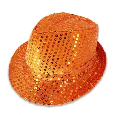 Image of Pohotobooth Props Ltd Vibrant Sequin Fedora Hat Sparkling Trilby Jazz Party Gangster for Adults, One Size Fits All, Multiple Colors Available (Orange)