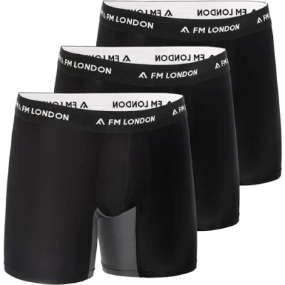 Image of FM London 3 Pack Bamboo Boxers for Men with Anti Chafe Panels Soft Long Leg Contoured Pouch Moisture Wicking, Tag Free, Breathable Men&#039;s Underwear, Black (3 pack), XXL