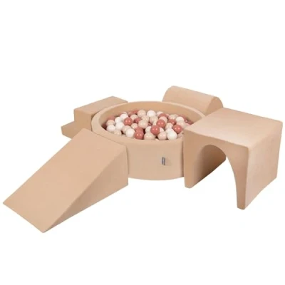 Image of KiddyMoon Foam Playground Velvet For Kids With Round Ballpit (200 Balls ∅ 7Cm/2.75In) Soft Obstacles Course And Ball Pool, Sand Beige: Pastel Beige/Salmon/White