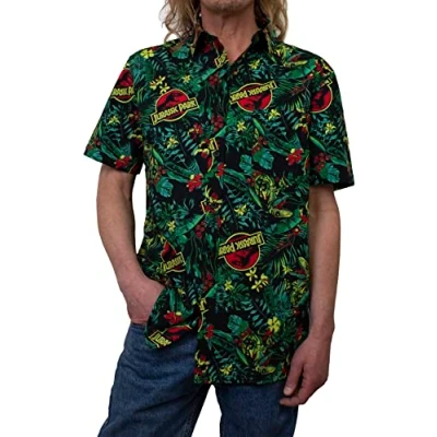 Image of Jurassic Park Men&#039;s Pattern Button Down Shirt, Black Tropical Raptor, Large