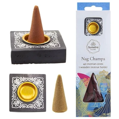 Image of Scented Incense Burning Cone Set with 40 Cones &amp; 1 Wooden Holder Assorted Fragrances for Aromatherapy Relaxation (Nag Champa)