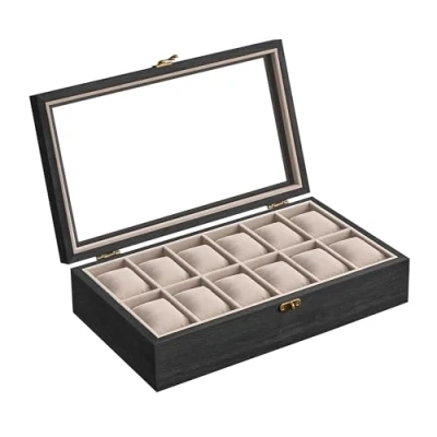Image of SONGMICS Watch Box with 12 Slots, Case, Solid Wood Organiser Glass Lid, Display Removable Pillows, Gift Idea, Ebony Black JOW120B01