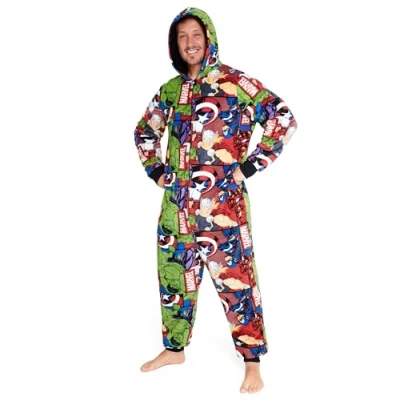 Image of Marvel Onesies for Men and Teenagers Hooded Fluffy Fleece S 3XL Lounge Wear Gifts (Multi, M)