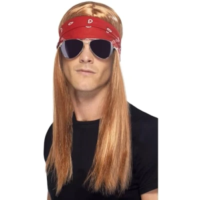 Image of Smiffys 90&#039;s Rocker Kit with Auburn Wig, Bandana and Sunglasses(Size: One size)
