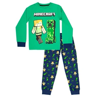 Image of Minecraft Clothes Boys Pyjamas 100% Cotton Pyjama set Gifts Green &amp; Blue (9 10 Years)