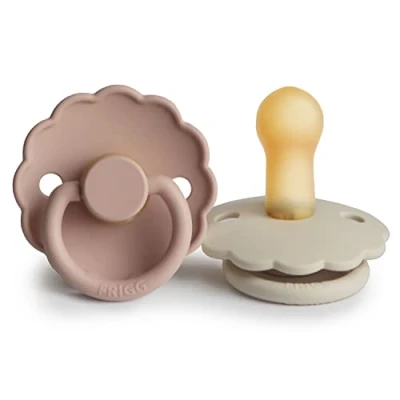Image of FRIGG Daisy Latex Pacifier Pack of 2 Natural Rubber Soother Dummy BPA Free Made in Denmark Symmetrical Cherry Shaped Nipple (Blush/Cream, Size (6 18 Months))