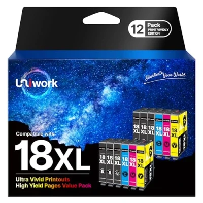 Image of Uniwork 18XL Compatible Ink Cartridge Replacement for Epson 18 XP102 XP202 XP205 XP212 XP225 XP215 XP305 XP312 XP315 XP322 XP325 XP405 XP415 XP422 XP425 XP412 (Black Cyan Magenta Yellow, 12 Pack)