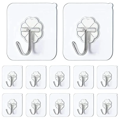 Image of JelKen Self Adhesive Hooks,12 PCS Heavy Duty Door Wall Hooks for Kitchen, Bathroom, Office, Closet, Hanging Coat Cloth Towel Key Decorations