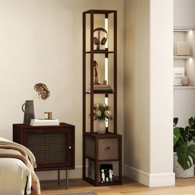 Image of HOMCOM Floor Lamp with Shelves, LED Column Modern Standing Fabric Drawer, Adjustable Brightness, Foot Switch for Living Room, Bedroom, Office, Dark Brown