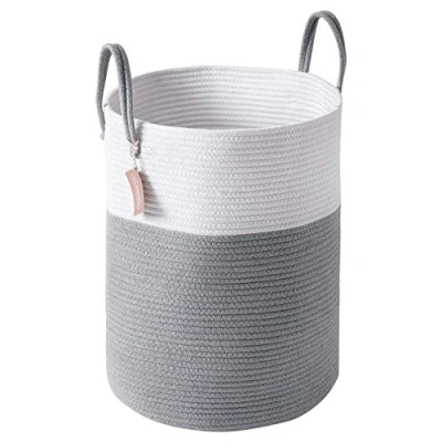 Image of YOUDENOVA Cotton Rope Basket Large Blanket Woven Storage Toy Organiser Nursery Decor Laundry Hamper with Handle 58L (38cm(D) x50cm(H), White &amp; Grey)