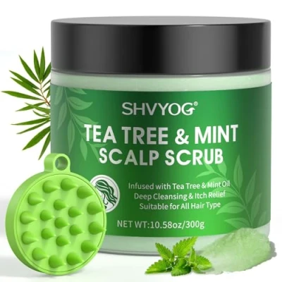 Image of Scalp Scrub, Tea Tree Oil Mint Exfoliator, Cleansing Nourishing, Shampoo Controlling, Prevent Hair Loss, Scrub Cream with Massager, 300g/10.58oz