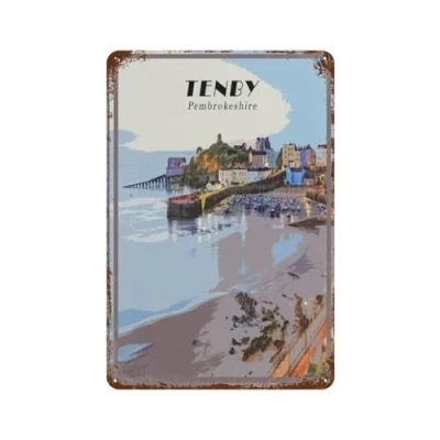 Image of Metal Tin Sign,Tenby Pembrokeshire,Tin Sign Vintage Art Wall Decor Home Kitchen Bar Patio Cave Funny Decor(15x30cm）6x12 inch E59