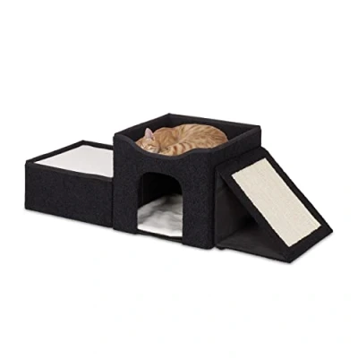 Image of Relaxdays Cat Cave, Foldable, 3 Loungers, Pet House with Scratching Area, HxWxD: 36,5x112x41 cm, Kitten Hideaway, Black, Polyester, 36.5x112x41 cm